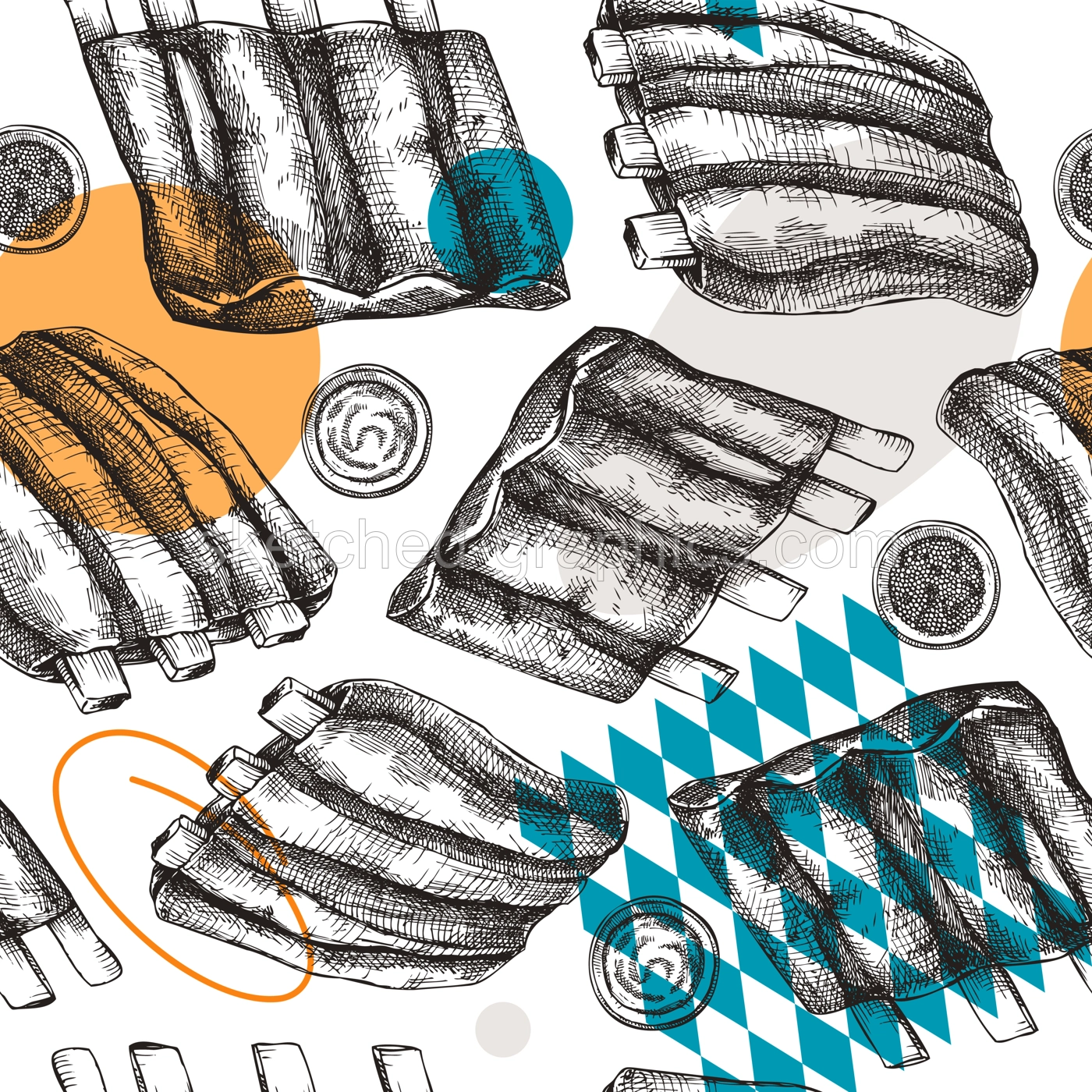 Pork ribs seamless pattern. Traditional German food sketch. Oktoberfest menu design. Hand-drawn meat background for fast food festival. German cuisine pork meal backdrop in sketched style Illustration